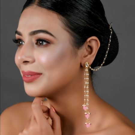 Mirror & Pearl Ear Chain Earrings with Pink Bead Drops Pair